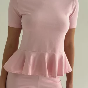 Knitted T-shirt with peplum, pink