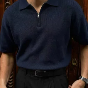Men's blue ribbed polo shirt